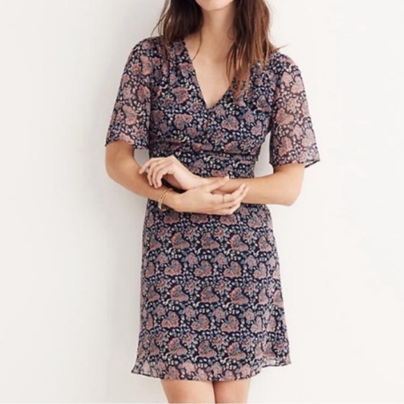 Madewell Orchard Flutter-Sleeve Skater Mini Dress Fan Floral Mix Size 4 - Picture 1 of 15